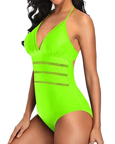 Sexy One Piece Monokini Hollow Out Tie Knot Back Bathing Suit Halter Plunge V Neck Swimsuit Tie Knot Back Bathing Suit-Neon Green 3 Sexy One Piece Monokini Hollow Out Tie Knot Back Bathing Suit Halter Plunge V Neck Swimsuit Tie Knot Back Bathing Suit-Neon Green - Image 3