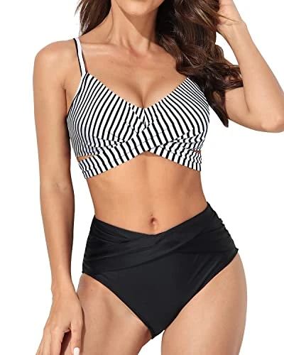 2 Piece Criss Cross Push Up Wrap Bikini Set High Waisted Bottom -Black And White Stripe 1 2 Piece Criss Cross Push Up Wrap Bikini Set High Waisted Bottom -Black And White Stripe