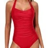 Ruched Pattern Swimsuits Halter Vintage Swimwear-Red