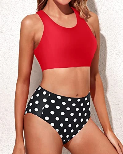 Women's Sporty Two Piece High Waisted Bikini Swimsuits-Red Dot 2 Women's Sporty Two Piece High Waisted Bikini Swimsuits-Red Dot - Image 2