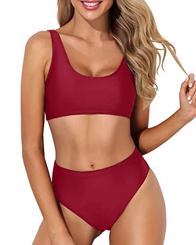 Bathing Suit Sexy Cheeky Bottom Two Piece Scoop Neck Bikini For Women-Red 1 Bathing Suit Sexy Cheeky Bottom Two Piece Scoop Neck Bikini For Women-Red