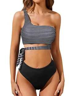Stylish & Chic High Waisted Two Piece One Shoulder Bikini Set-Black And White Stripe -Bikini Beach Shop 416FRnxEkpL