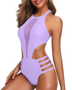 Cutout Halter High Neck Backless One Piece Swimsuit-Light Purple -Bikini Beach Shop 416HpVZTl L