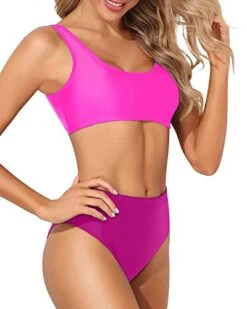 Sexy High Waisted Two Piece Scoop Neck Bikini For Long Torso-Phosphor And Dark Pink -Bikini Beach Shop 416P I2 I3L