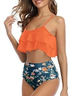Feminine Ruffle High Waisted Ruched 2 Piece Bikini Set-Orange Flowers -Bikini Beach Shop 416R3h82wiL