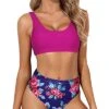 Removable Padded Push Up Bikini Crop Top High Cut Swimsuit-Pink Floral