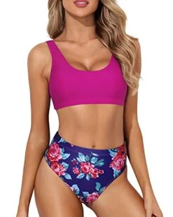 Removable Padded Push Up Bikini Crop Top High Cut Swimsuit-Pink Floral