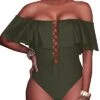 Women's Ruffled One Piece Swimsuit Off-The-Shoulder Lace-Up Sexy Bathing Suit-Army Green