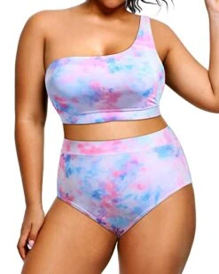 Two Piece One Shoulder High Waisted Plus Size Women's Bikini Swimsuit -Bikini Beach Shop 416XLaKcD0L