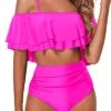 Two Piece Off Shoulder High Waisted Bikini Swimsuit-Neon Pink