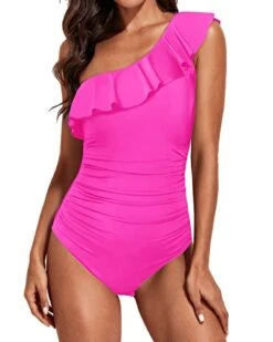 Asymmetrical Neckline Ruffle One Shoulder Swimwear-Neon Pink -Bikini Beach Shop 416mHE oHwL