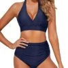 Summer Beachwear Two Piece Bikini Halter Top And Ruched High Waisted Bikini-Navy Blue