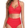 High Waisted Figure-Flattering Halter Push Up Bikini-Neon Red