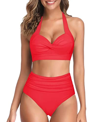 High Waisted Figure-Flattering Halter Push Up Bikini-Neon Red 1 High Waisted Figure-Flattering Halter Push Up Bikini-Neon Red