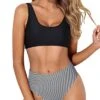 2 Piece Long Torso High Waisted Bathing Suit Bottoms-Black Stripe