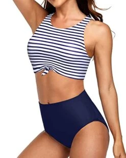 Tie Knot Front Bikini Set Sporty Two Piece Swimsuits-Blue White Stripe -Bikini Beach Shop 417Wb6qHucL