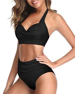 Women Two Piece Vintage Swimsuit Halter Ruched High Waist Bikini-Black -Bikini Beach Shop 417Yn5M3TNL 723611aa 6a09 4fac 9ab4 7b3273452944