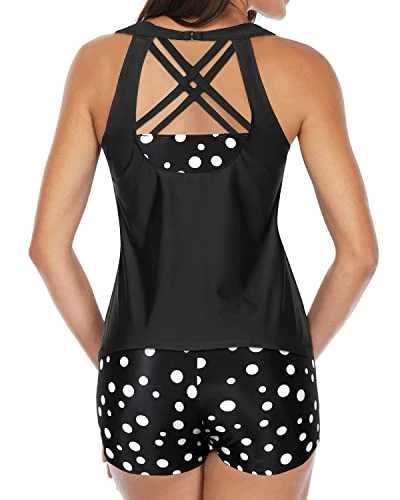 3 Piece Tankini Set High Neck Swimwear Shorts-Black Dot 3 3 Piece Tankini Set High Neck Swimwear Shorts-Black Dot - Image 3