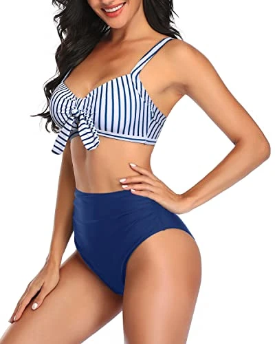 2 Piece Stylish Keyhole Women High Waisted Bikini Set-Blue White Stripe 4 2 Piece Stylish Keyhole Women High Waisted Bikini Set-Blue White Stripe - Image 4