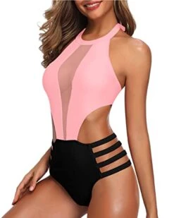 Flattering Waist Cutout Halter One Piece Swimsuit For Women-Pink And Black -Bikini Beach Shop 417gogeyZVL f79fee5d dda7 4b23 a3a7 2b10ec48b437