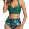 Push Up Bra Adjustable Straps Vintage High Waisted Bikini-Tropical Leaf