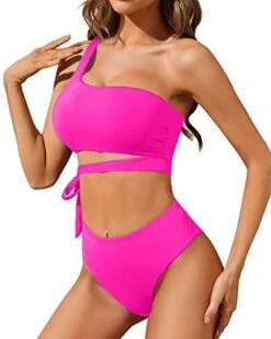 High Waisted Two Piece Bathing Suit Tie Bikini Set-Neon Pink -Bikini Beach Shop 417uHN mEwL