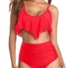 Full Coverage Tummy Control Two Piece Bikini Swimsuit-Neon Red