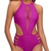 Halter Straps Tie Neck Hook Closure One Piece Monokini Swimwear-Hot Pink