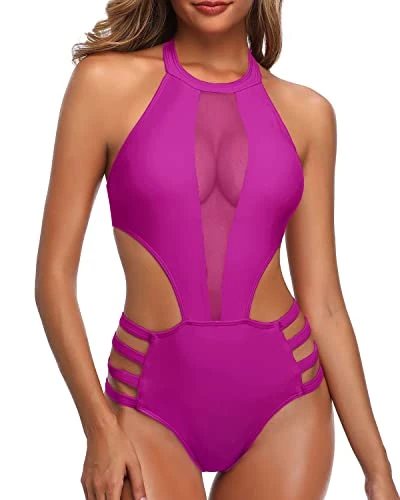 Halter Straps Tie Neck Hook Closure One Piece Monokini Swimwear-Hot Pink 1 Halter Straps Tie Neck Hook Closure One Piece Monokini Swimwear-Hot Pink