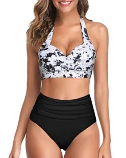Chic Adjustable Self-Tie Halter Neck Two Piece Halter Bikini For Women-Black And White Tie Dye