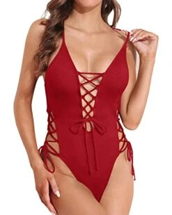 Deep Plunge V Neck Bathing Suits Womens 1 Piece Swimsuits-Red 6 Deep Plunge V Neck Bathing Suits Womens 1 Piece Swimsuits-Red -Bikini Beach Shop 4189bVss8DL