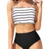 Removable Padded Bandeau Bikini Set High Waisted Bottoms-Black And White Stripe
