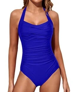Self-Tie Halter Neck Swimsuits Halter Vintage Swimwear-Royal Blue