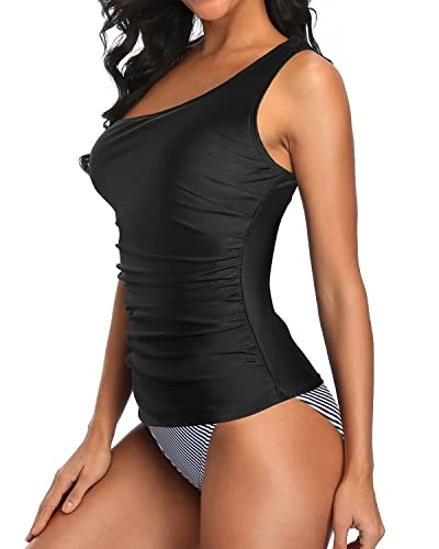 Modest Tummy Control One Shoulder Tankini Swimsuit For Ladies-Black Stripe 3 Modest Tummy Control One Shoulder Tankini Swimsuit For Ladies-Black Stripe - Image 3