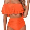 Charming Ruffle Off Shoulder Bikini Swimsuit-Neon Orange