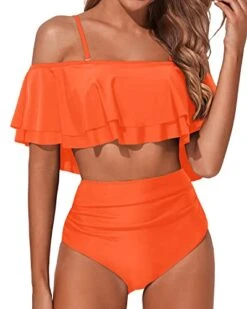 New Release 19 Charming Ruffle Off Shoulder Bikini Swimsuit-Neon Orange