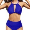 High Neck Keyhole Backless High Waisted Bikini Swimsuit-Royal Blue