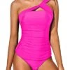 Elegant Shorts Swimsuit Ruched One Shoulder Tankini-Neon Pink