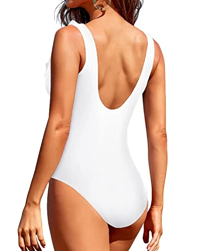 High Waisted Ruched Bikinis Sexy 1 Piece Swimsuits For Women-White 4 High Waisted Ruched Bikinis Sexy 1 Piece Swimsuits For Women-White - Image 4