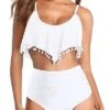 Ruffle Flounce High Waisted Bikini Women's Two Piece Swimsuit With Pom Pom Trim