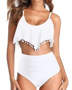 Ruffle Flounce High Waisted Bikini Women's Two Piece Swimsuit With Pom Pom Trim