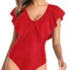 Ruffle Shoulders One Piece Swimsuit For Women-Red