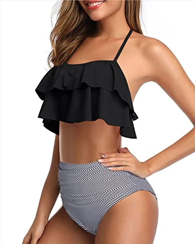 Flattering Ruffle Halter Bikini Set Tummy Control Bottoms For Women-Black Stripe 3 Flattering Ruffle Halter Bikini Set Tummy Control Bottoms For Women-Black Stripe - Image 3