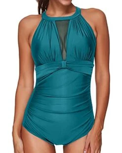 Fashionable Tummy Control Plunge Neck Mesh One Piece Swimsuit For Women-Teal
