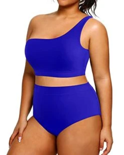 One Shoulder High Waisted Plus Size 2 Piece Swimsuits Bikini -Bikini Beach Shop 4194F x9RrL