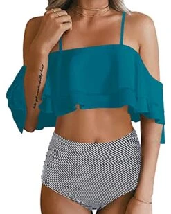 Stunning High Waisted Ruffle Bikini Set Tummy Control-Green Striped