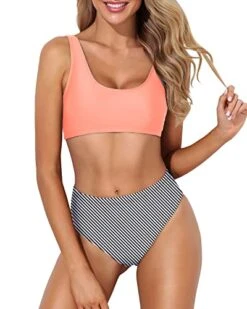 Women's Sporty Bathing Suit Crop Top High Cut Swimsuit-Coral Pink Stripe