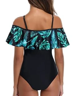 Flounce Printed One Piece Ruffled Bathing Suit-Black And Green Leaves -Bikini Beach Shop 419GmsZk XL 35e66e6a 8207 477f 9947 f10f60fc38d3