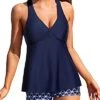 Racerback Swimwear Boyshort & Padded Bras For Two Piece Swimsuit-Navy Blue Tribal