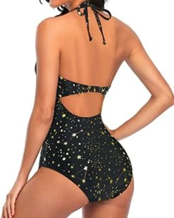 Elegant Curves Accentuating Monokini Halter One Piece Swimsuits-Gold Stars -Bikini Beach Shop 419VrAFVZqL